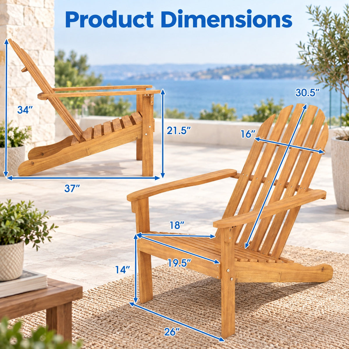 Airfind Acacia Wood Outdoor Adirondack Chair with Ergonomic Design, Acacia wood Frame, Natural, Overall dimension 27 x 35 x 40.5 (L x