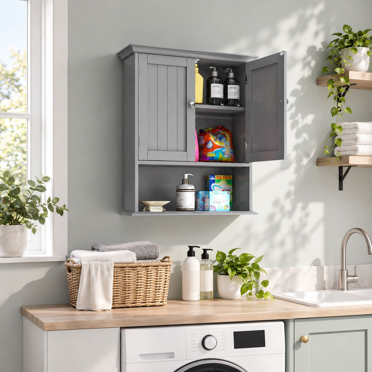 Airfind Wall Mount Bathroom Cabinet, Storage Organizer with Doors and Shelves, MDF Metal Frame, Overall dimension 23.5 Inch x 7.5 Inch x 28 Inch, Gray