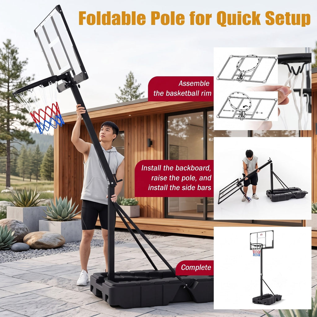 Airfind Foldable Portable Basketball Hoop System, 7.54-10 ft Stepless Height Adjustable with 44 Inch Shatterproof PC Backboard and Fillable Base for Indoor, Black
