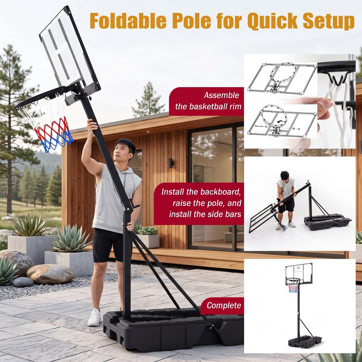 Airfind Foldable Portable Basketball Hoop System, 7.54-10 ft Stepless Height Adjustable with 44 Inch Shatterproof PC Backboard and Fillable Base for Indoor, Black