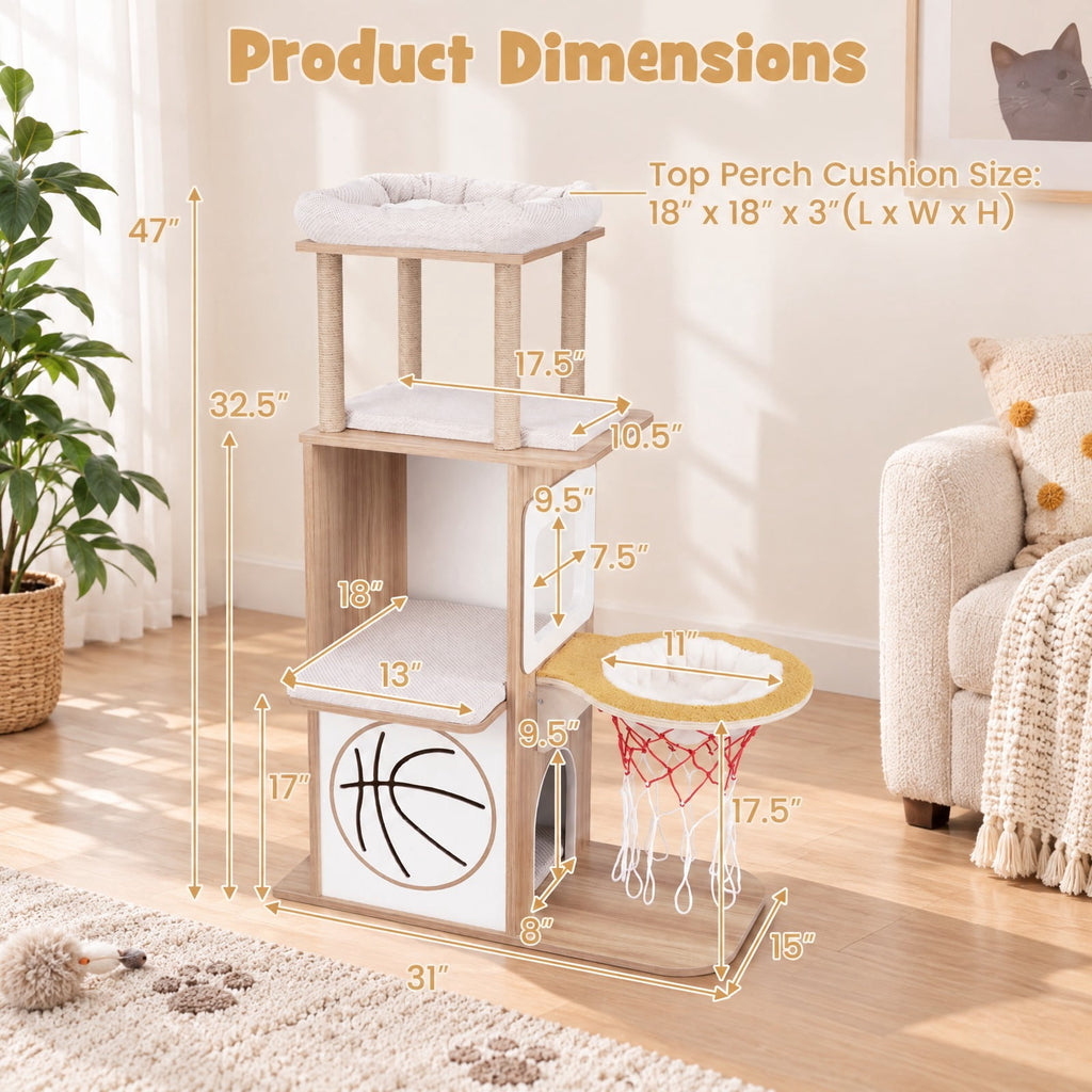 Airfind 47 Inches Wooden Cat Tree with 2-Story Cat Condo and Basketball Hoop Hammock, 31in x 15in x 47inTop Perch Footprint, Natural
