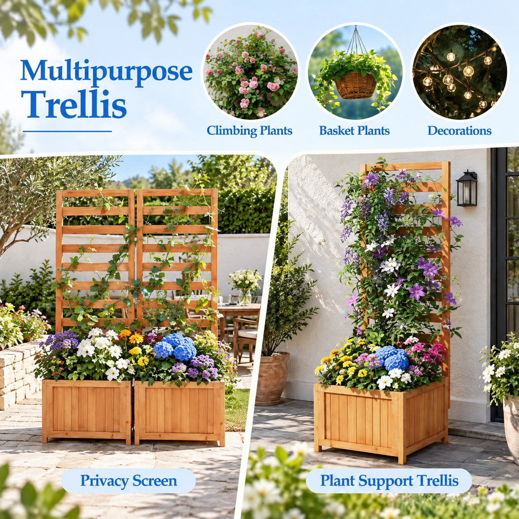 Airfind 48 Inch Wood Raised Garden Bed with Trellis with Drainage Holes, 44 lbs Capacity, Wood Frame, 17 Inch x 16 Inch x 48 Inch Planter Box Interior Footprint