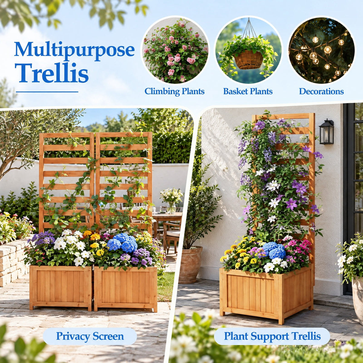 Airfind 48 Inch Wood Raised Garden Bed with Trellis with Drainage Holes, 44 lbs Capacity, Wood Frame, 17 Inch x 16 Inch x 48 Inch Planter Box Interior Footprint