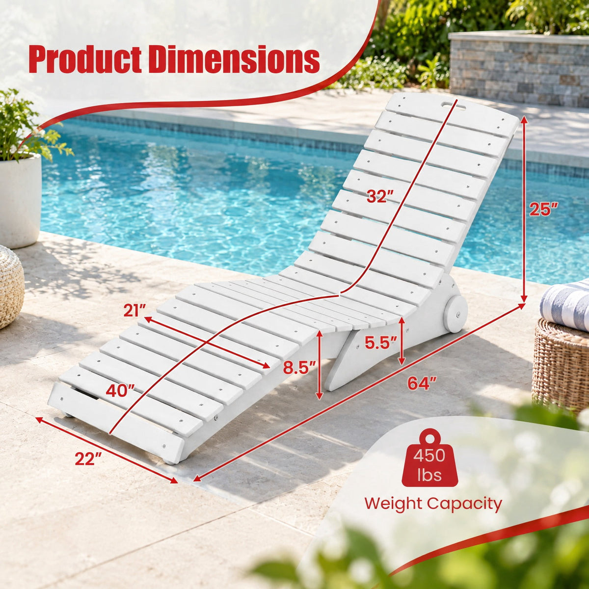 AIRFIND In-Pool Lounge Chair for Baja Shelves, HDPE Pool Ledge Lounger with Contoured Back, Built-In Wheels and 450 lb Capacity, White