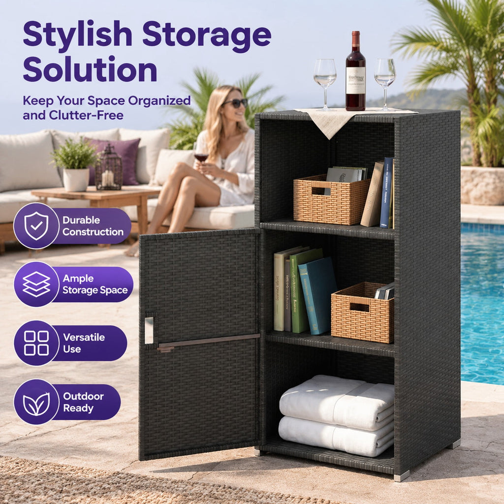 Airfind Outdoor PE Wicker Storage Cabinet with Door and Open Compartment for Patio, Shelf 66 lbs Capacity, PE Rattan Metal Frame, Black