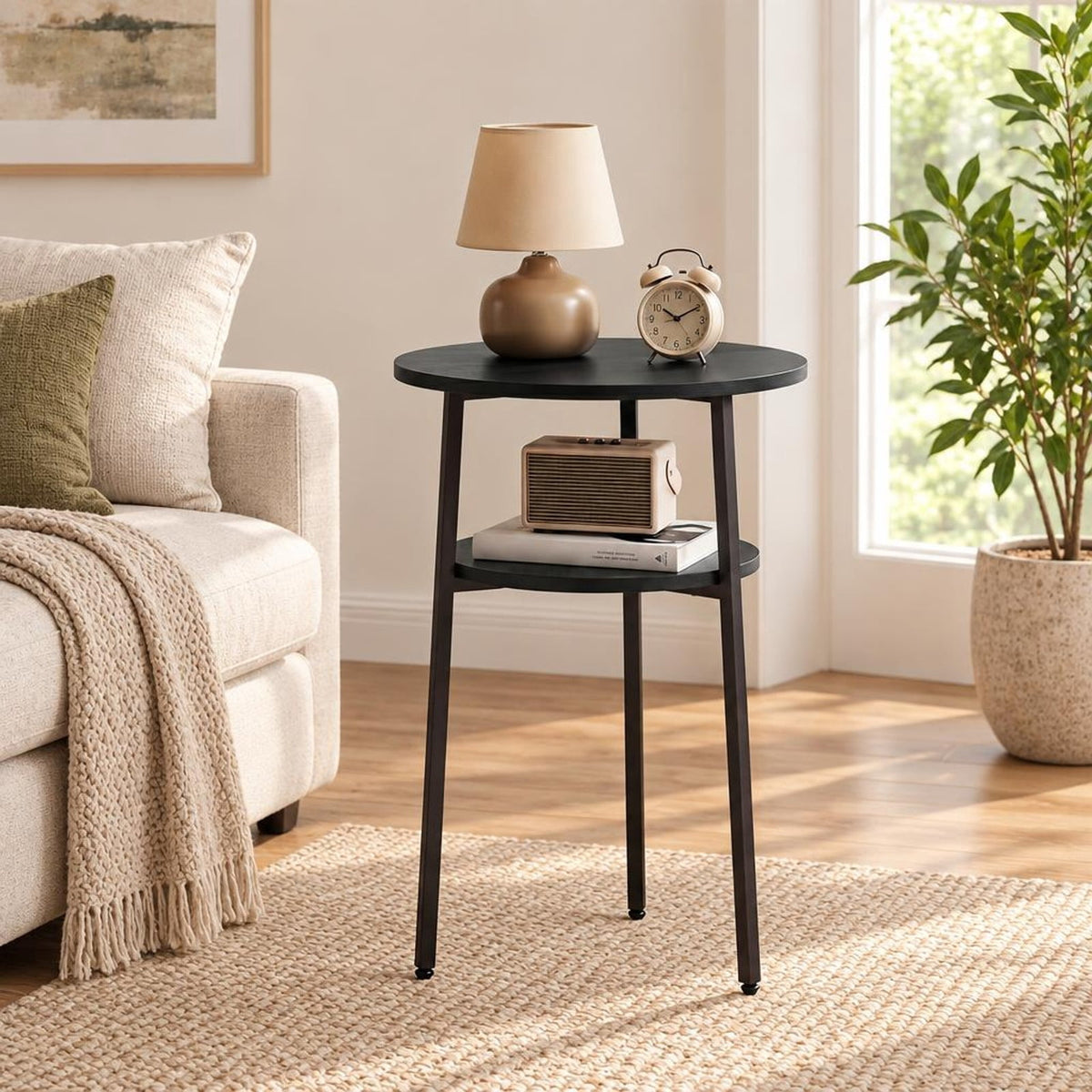 Airfind Side Table, Round, with Storage Shelf and Metal Frame for Living Room, of Tabletop 90 lbs Capacity, Engineered Wood Metal Frame, Black