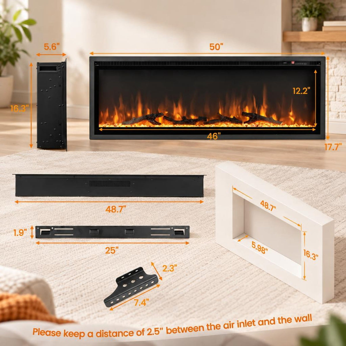 Airfind 50 Inches Electric Fireplace In-wall Recessed Featuring Remote Control and Adjustable Color and Brightness-50 Inches, Black