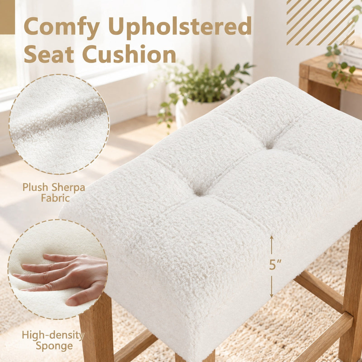 Airfind Modern Counter Height Bar Stools Set of 2 with Rubber Wood Legs, 350 lbs Capacity, Sherpa Fabric Rubber Wood MDF Sponge Frame, White