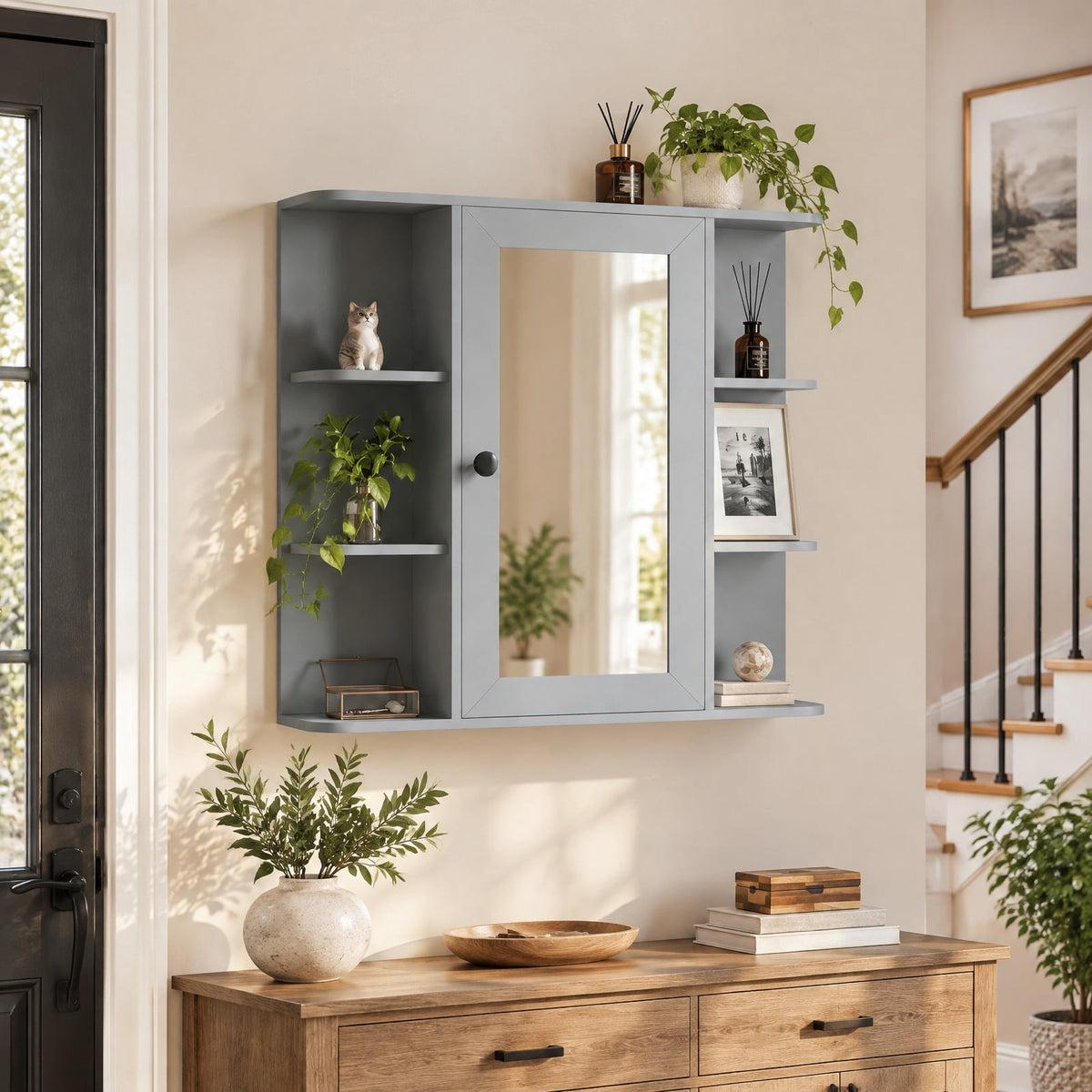 Airfind Wall Mounted Bathroom Medicine Cabinet with Mirror and Shelves, 120 lbs Capacity, MDF Engineered Wood Glass Frame, Gray
