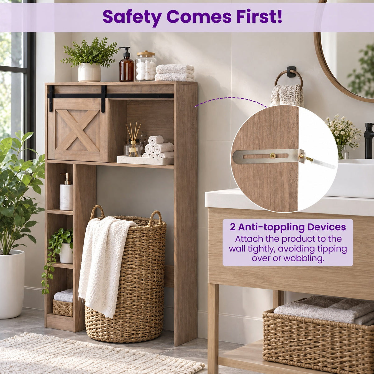 Airfind 4-Tier Over The Toilet Storage Cabinet with Sliding Barn Door and Storage Shelves, 154 lbs Capacity, Engineered Wood MDF Frame, Brown
