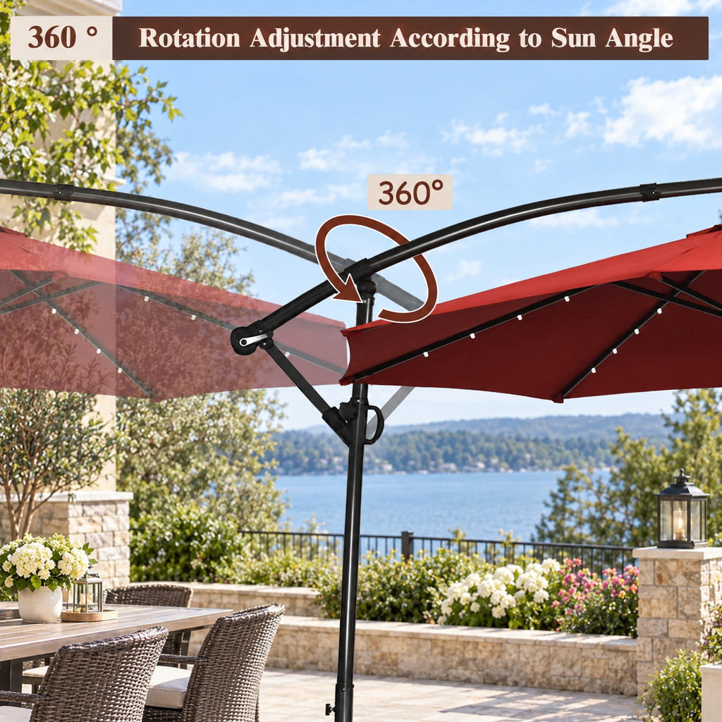 Airfind 10 ft 360° Rotation Solar Powered LED Patio Offset Umbrella without Weight Base, Steel aluminum polyester fabric Frame, 10 x 7.5 Footprint