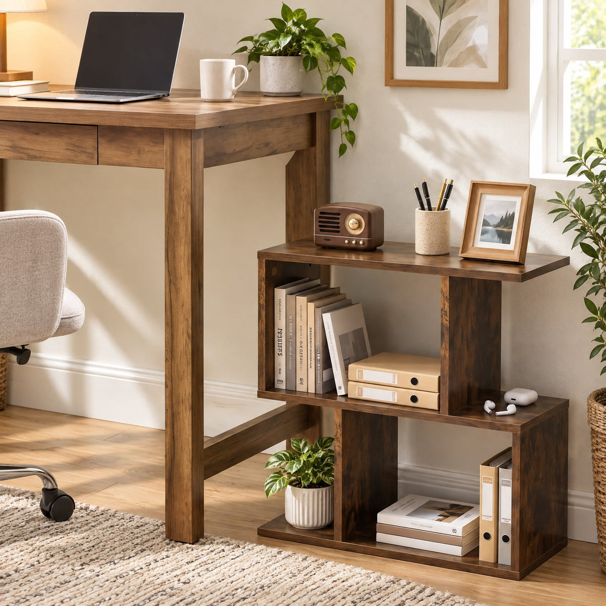 Airfind 24 Inch 3-Tier Geometric Bookshelf with Thick Foot Pads, 44 lbs Capacity, Engineered Wood PVC Frame, 19.5in x 7in x 22in Footprint, Brown