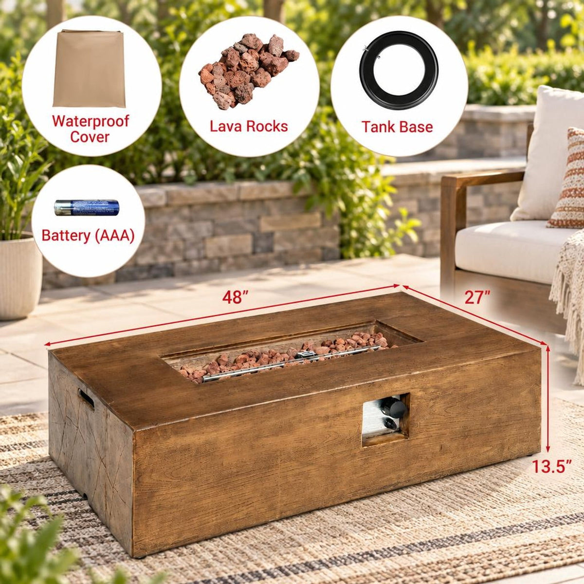 Airfind 48 x 27 Inch Outdoor Gas Fire Pit Table 50 000 BTU with Lava Rocks and Cover, Brown, Net weight 88 lbs Output: 50 000 BTU