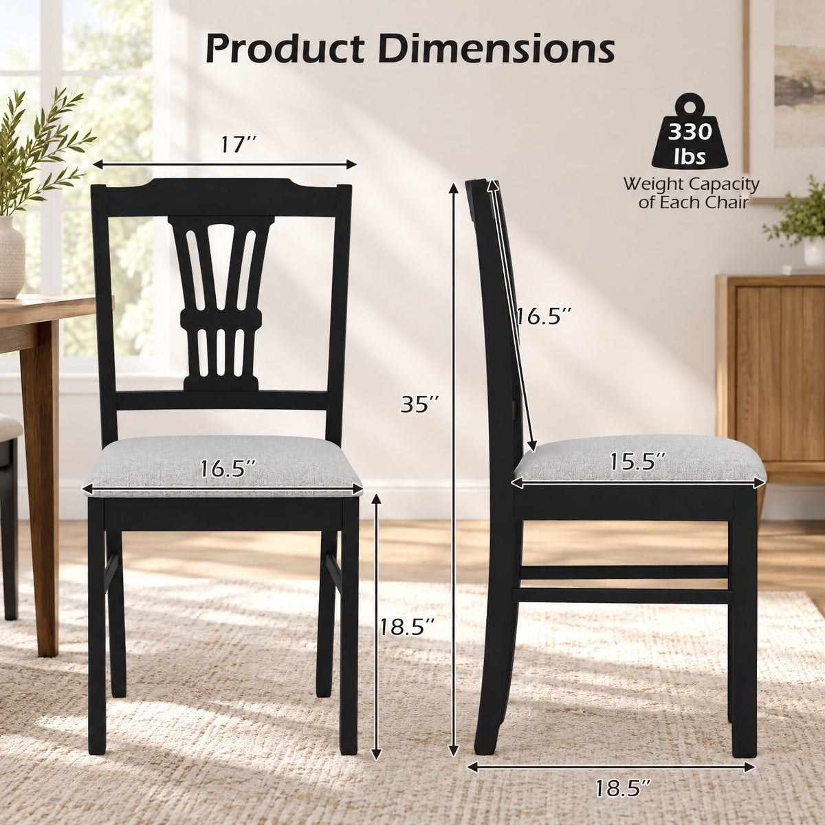 Airfind Wooden Dining Chairs Set of 2 Upholstered Kitchen Chairs with Solid Rubber Wood Frame, Chair 330 lbs Capacity, 18.5 x 17 x 35 Footprint