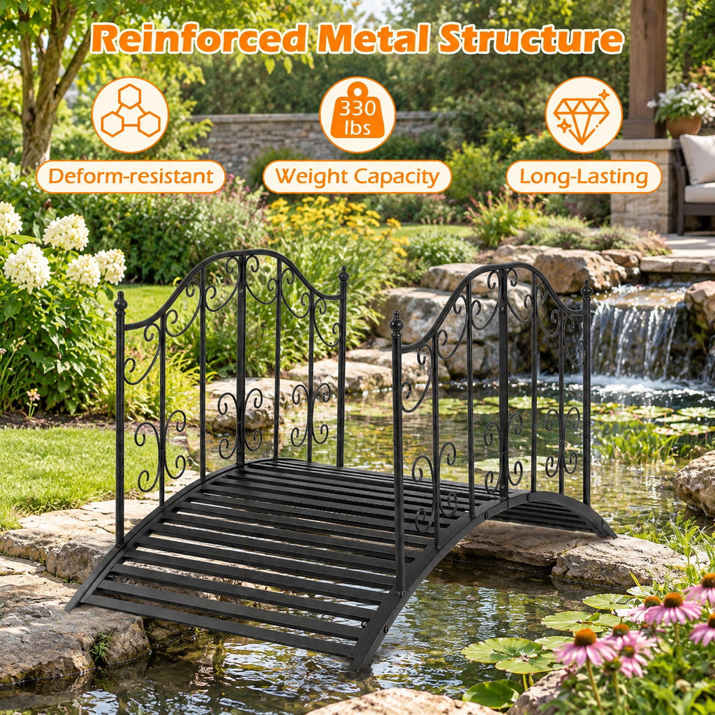 Airfind 3.9 ft Garden Metal Bridge with Dual Patterned Side Rails, 330 lbs Capacity, Metal Frame, 47 Inch x 27 Inch x 28 Inch Footprint, Black