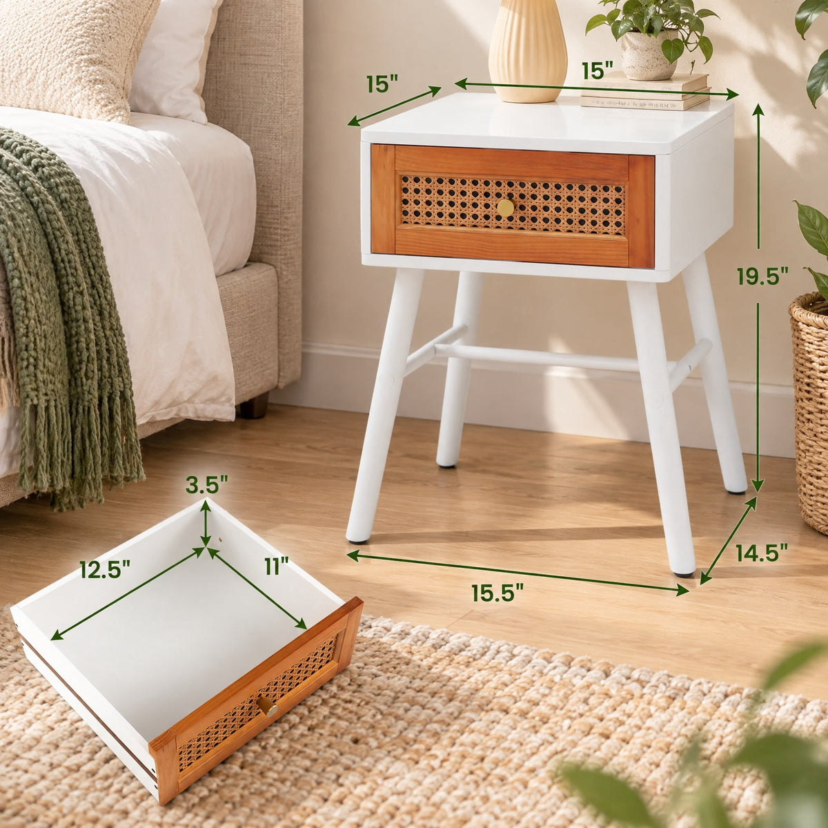 Airfind Rattan Nightstand Mid Century Modern Accent Table with Drawer, 110 lbs Capacity, Painted MDF Pine Wood Natural Rattan Frame, White