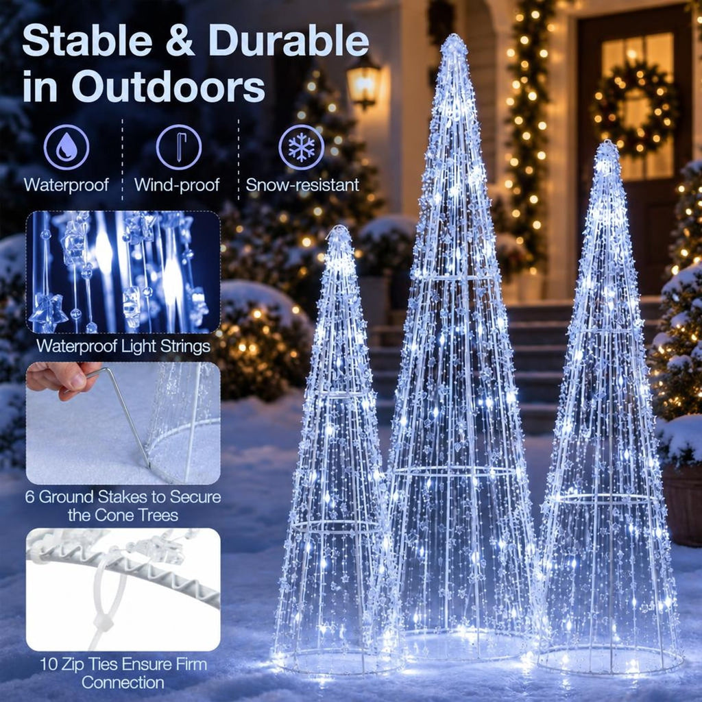 Airfind Set of 3 Pre-lit Christmas Cone Trees with Star Strings for Christmas-Cold White, Metal PS PVC Large Tree Frame, White