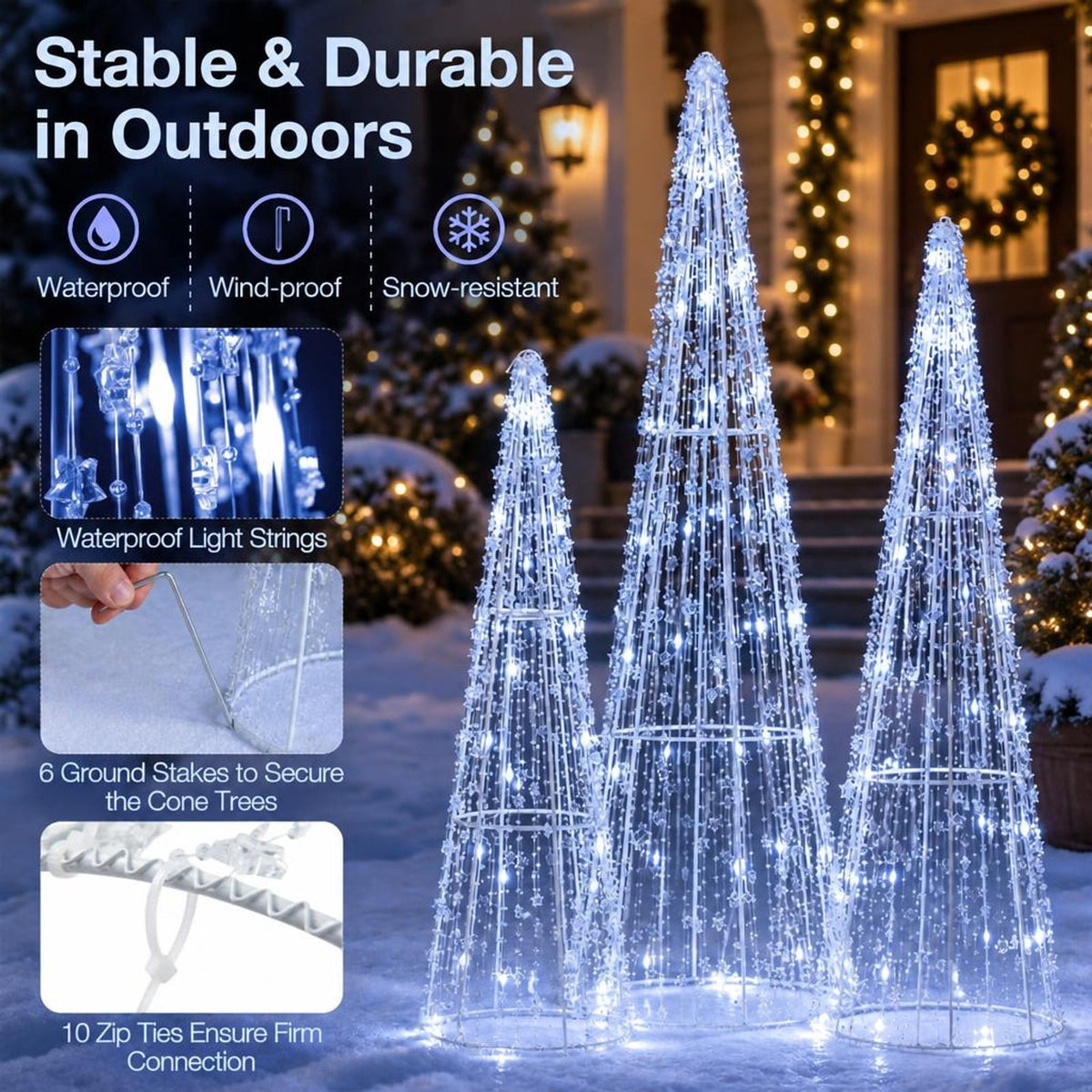Airfind Set of 3 Pre-lit Christmas Cone Trees with Star Strings for Christmas-Cold White, Metal PS PVC Large Tree Frame, White