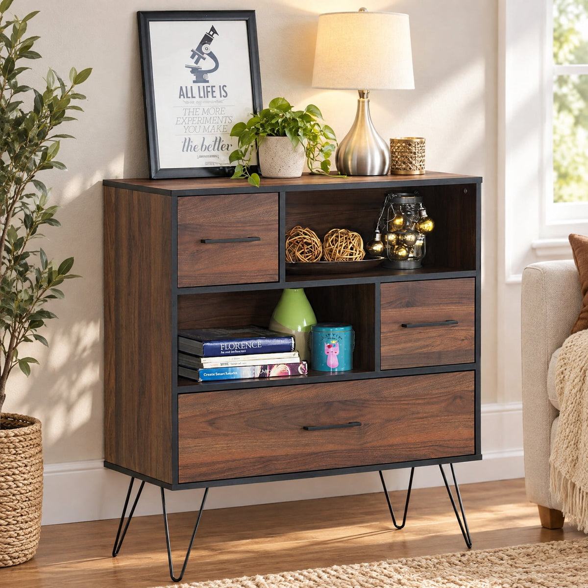 Airfind 3-Tier Wood Storage Cabinet with Drawers and 4 Metal Legs, 11 lbs Capacity, Engineered wood Metal Frame, Wood