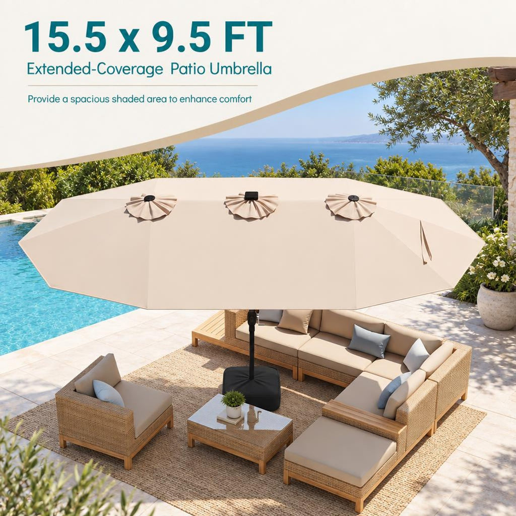 Airfind 15.5FT Extra-Large Patio Umbrella with Base 12 Reinforced Ribs, 180G Polyester Fabric Metal External Frame, Beige