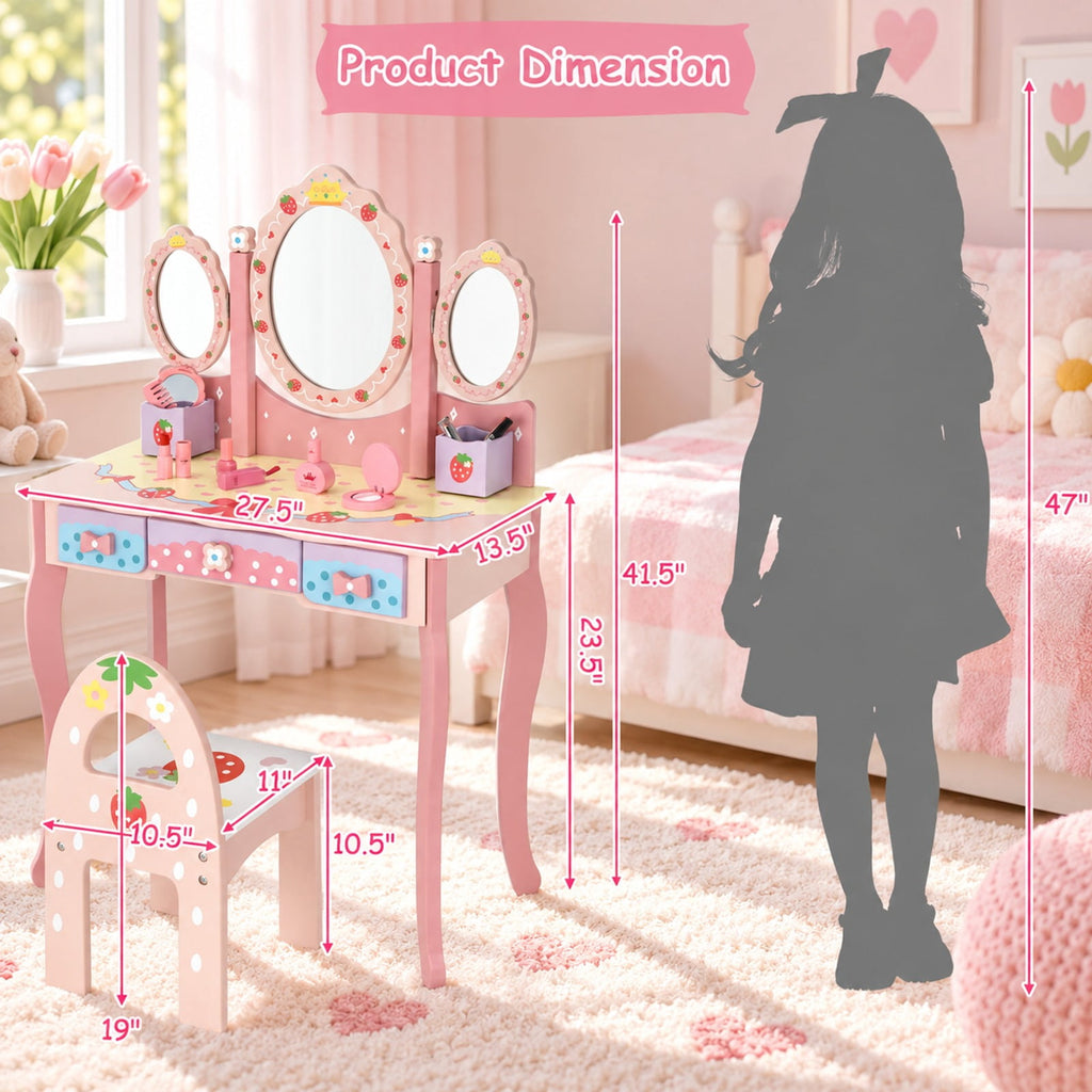 Airfind Kids Vanity Princess Makeup Dressing Table Chair Set with Tri-fold Mirror, 44 lbs Capacity, MDF Frame, Pink