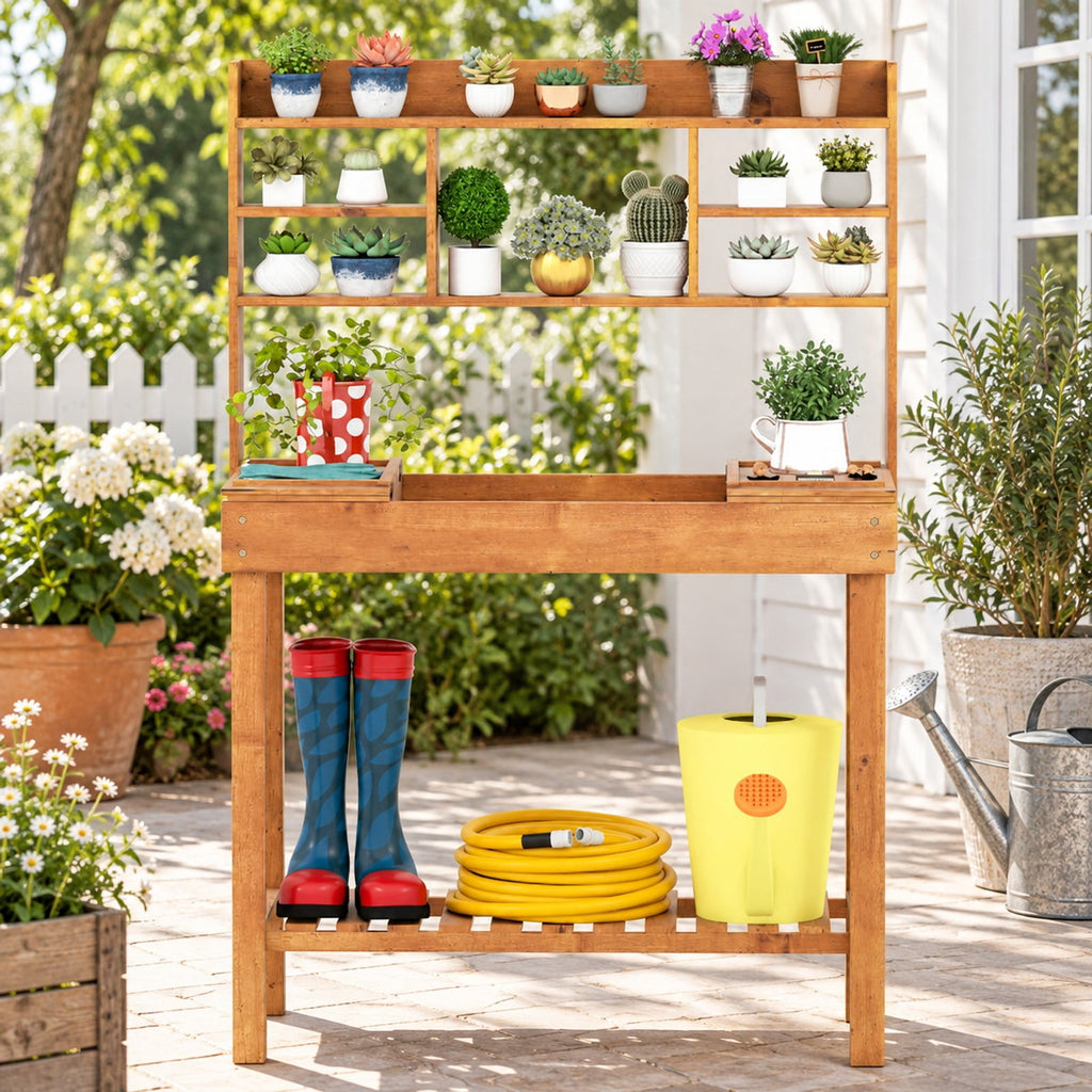 Airfind Wooden Potting Bench Table Garden Planting Workstation with 3-Tier Open Shelf, 22 lbs Capacity, Fir Wood Frame, Brown