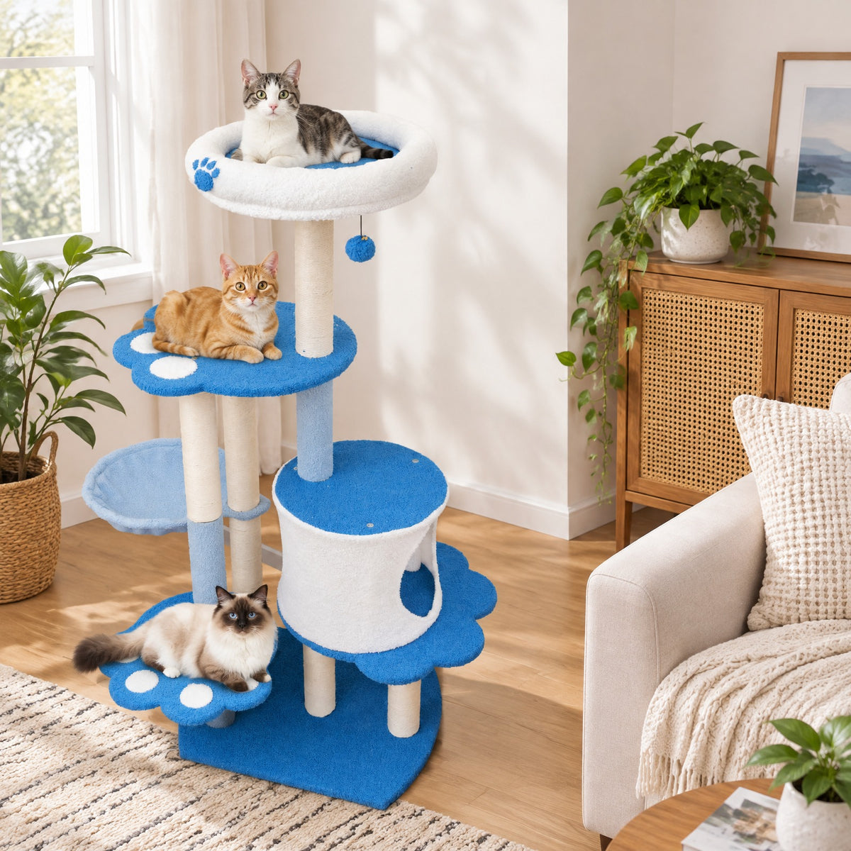 Airfind 54 Inches Tall Modern Cat Tree Tower for Indoor Cats, 22 lbs Capacity, Teddy Plush Fabric Sisal Engineered Board Frame, Blue