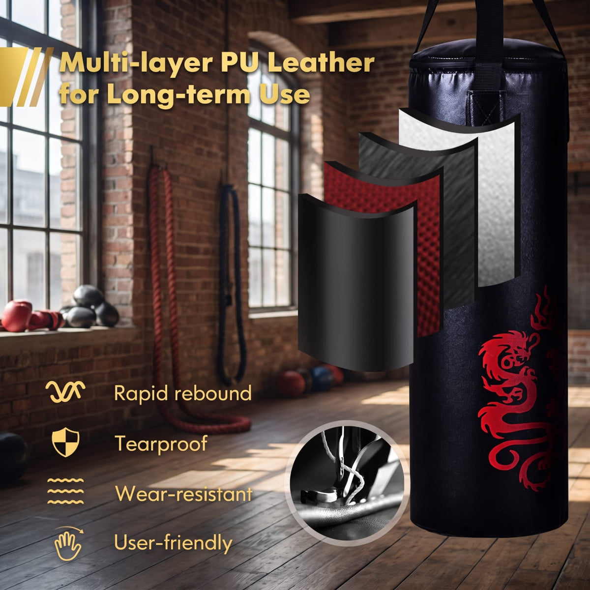 Airfind 5 Piece 40 Pound Filled Hanging Punching Bag Boxing Set with Gloves Jump Rope and Rucksack for Home Training, Black
