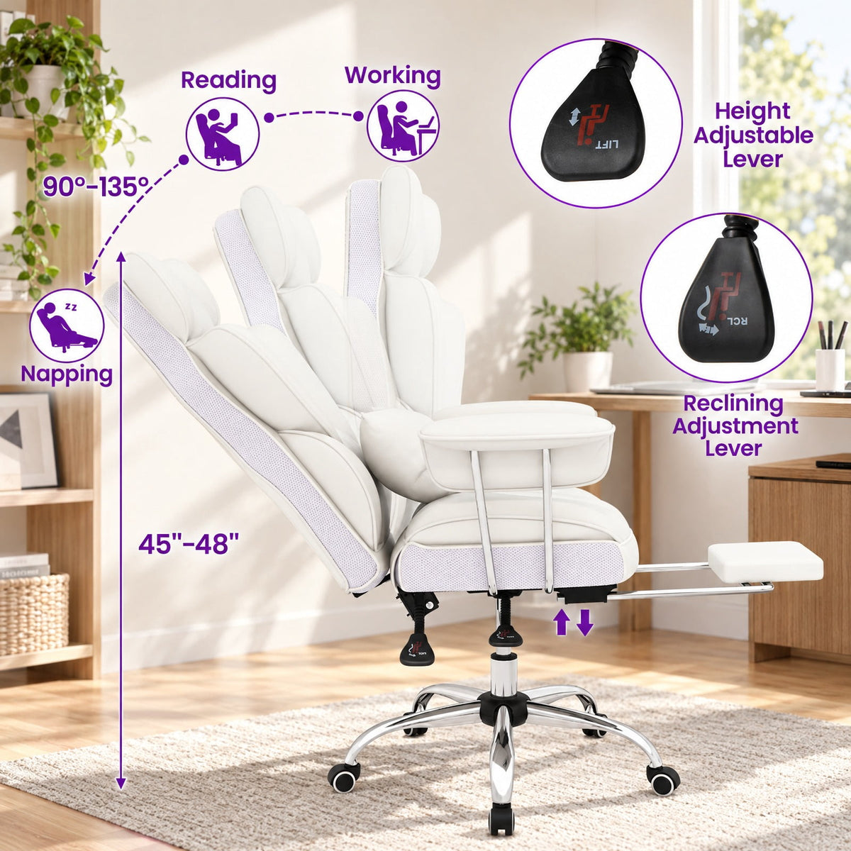 Airfind PU Leather Home Office Chair 400 lbs High Back Executive Chair, 400 lbs Capacity, PU Leather Sponge Pocket Spring Plywood Metal Frame, White
