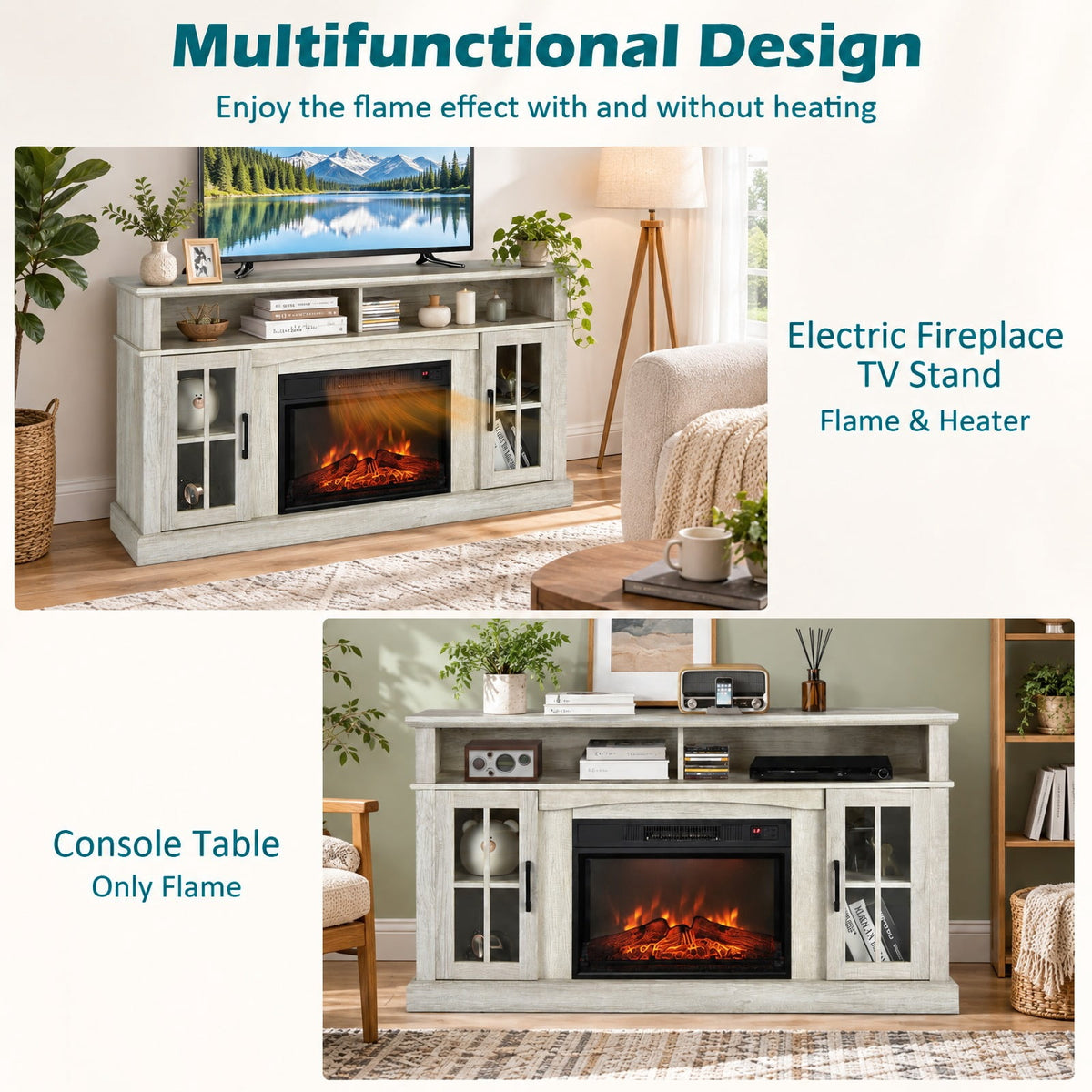 Airfind Fireplace TV Stand for TVs Up to 65 Inch with Side Cabinets and Remote Control, 66 lbs Capacity, Engineered wood Frame, Gray