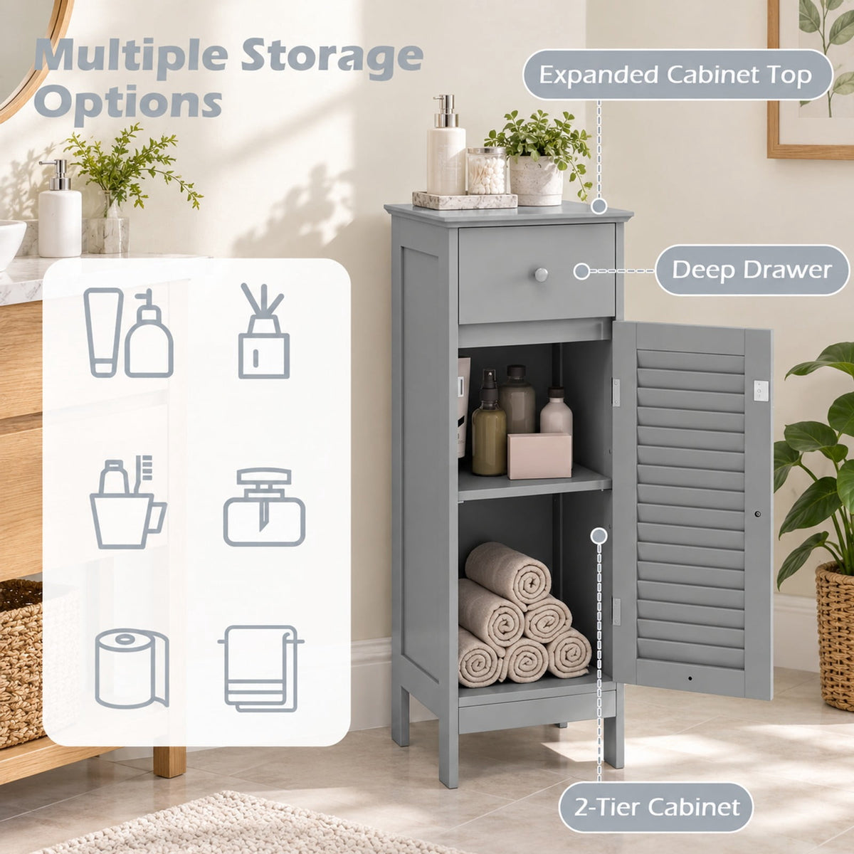 Airfind Narrow Bathroom Storage Cabinet with Adjustable Shelf and Drawer, 13in x 12in x 34.5inOverall Interior Footprint, Gray