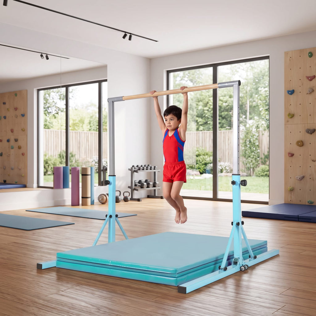Airfind Foldable Gymnastics Bar for Kids with 3 Level Adjustable Height and Bamboo Grip Bar for Home Balance and Coordination Training, Green