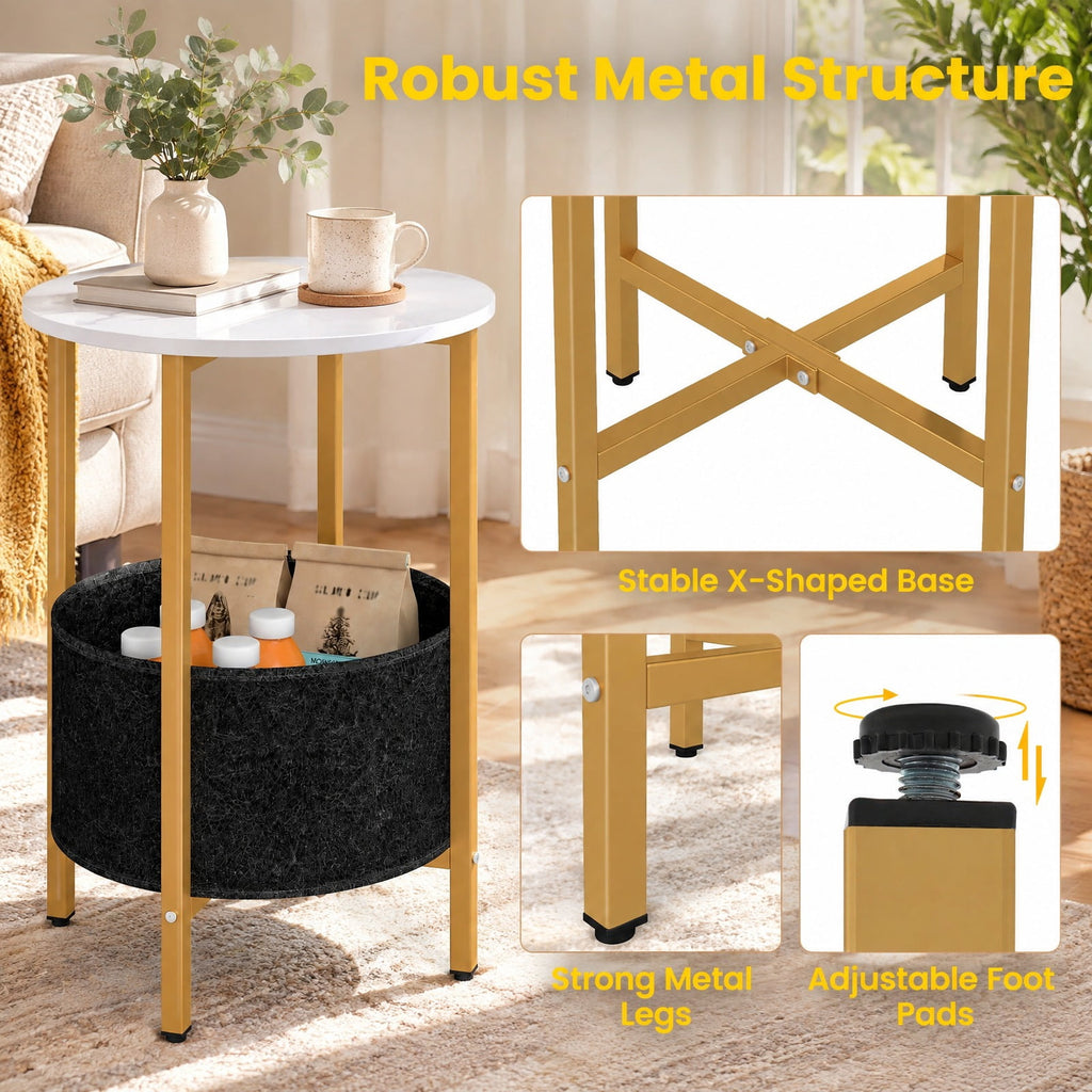 Airfind Round End Table 2-Tier Side Table with Removable Fabric Basket and Metal Frame, 44 lbs Capacity, Metal Engineered Wood Felt Frame, White