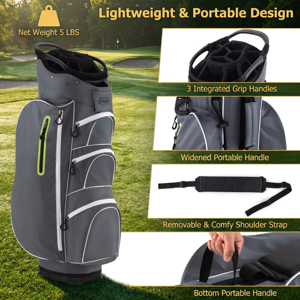Airfind 9.5 Inch Lightweight Golf Cart Bag with 15 Way Top Dividers and 7 Zippered Pockets and Cooler Bag and Rain Hood, Green