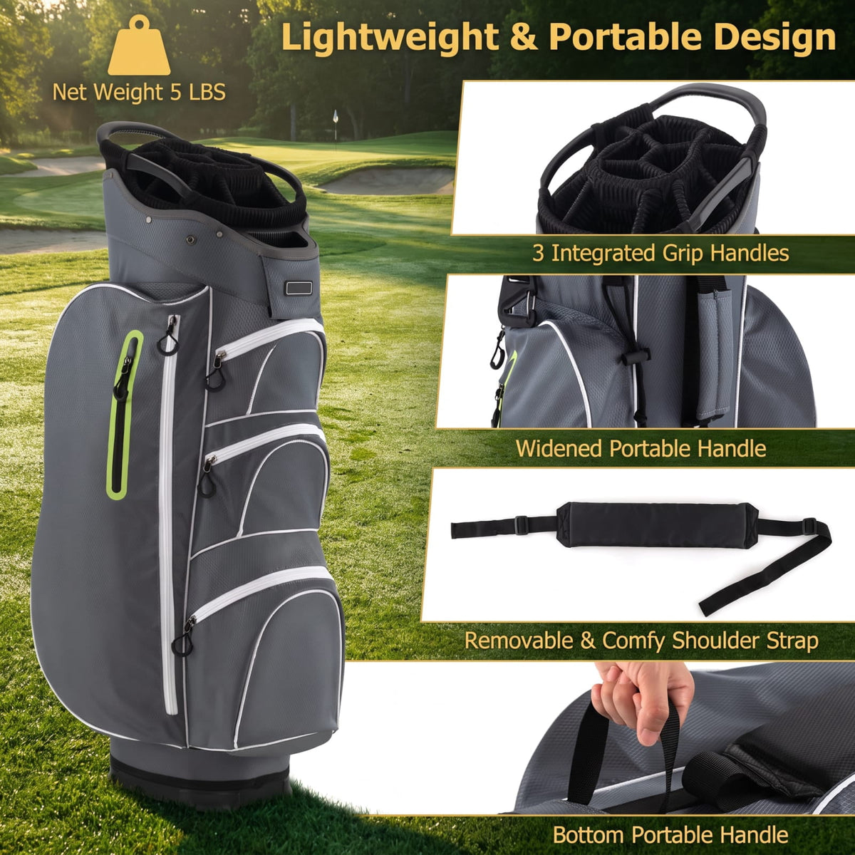 Airfind 9.5 Inch Lightweight Golf Cart Bag with 15 Way Top Dividers and 7 Zippered Pockets and Cooler Bag and Rain Hood, Green