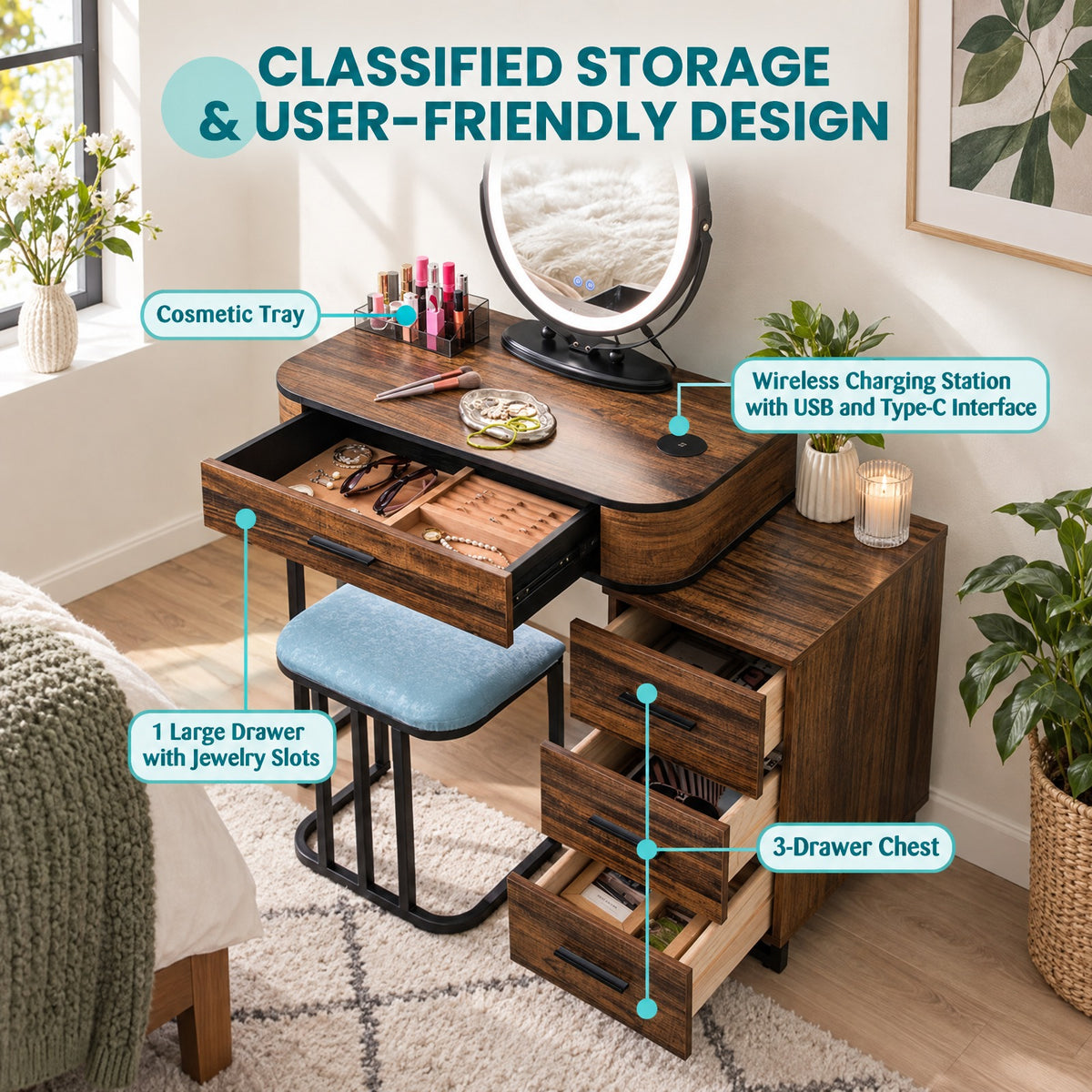 Airfind Vanity Table Set with 3-Color Lighted Mirror and Charging Station, 330 lbs Capacity, MDF Frame, 31.5inx 15.5inx 51in Footprint, Brown