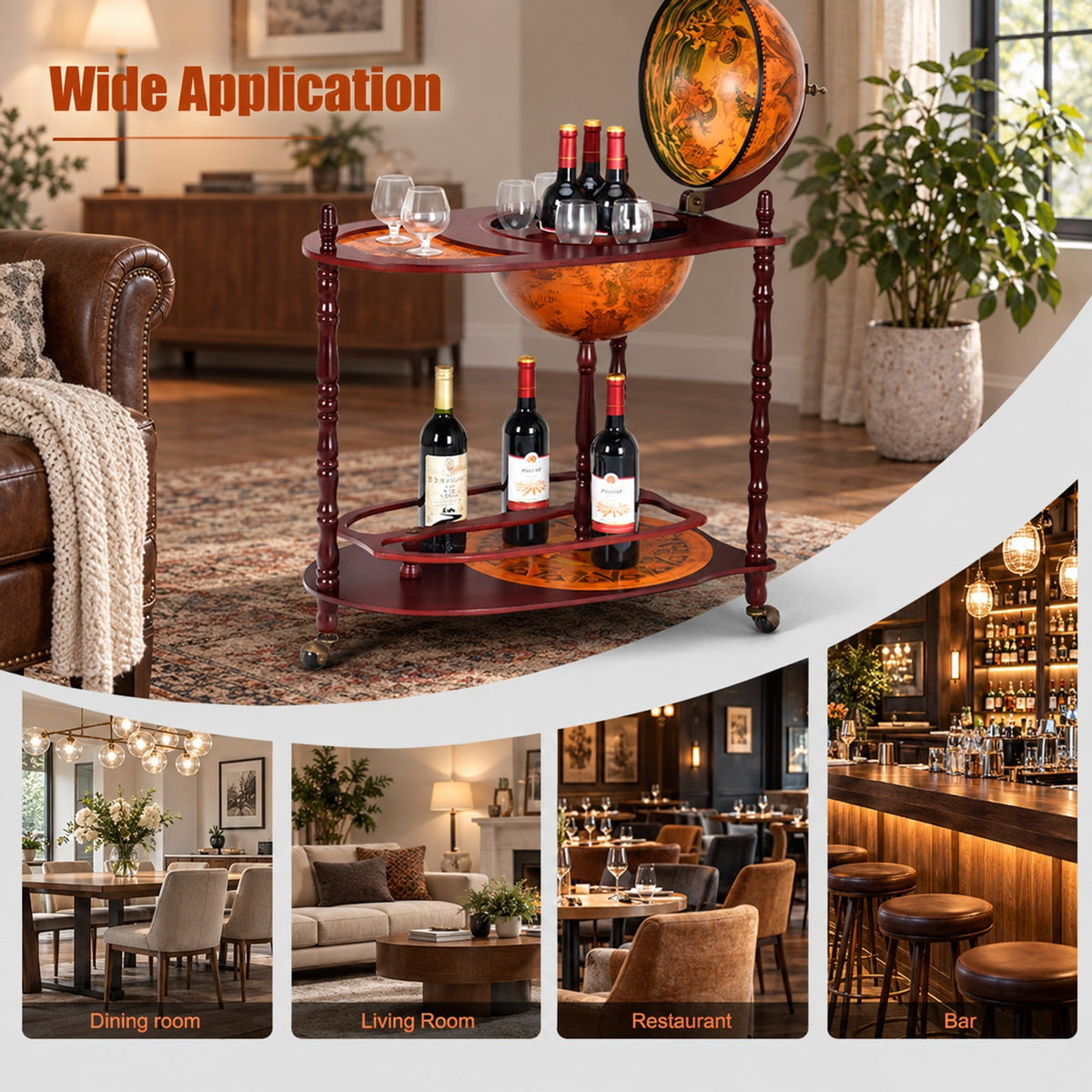 Airfind Vintage Globe Rolling Wine Bar Cart with Extra Shelf, Wood， plastic globe Assembly Frame, Brand new and high quality