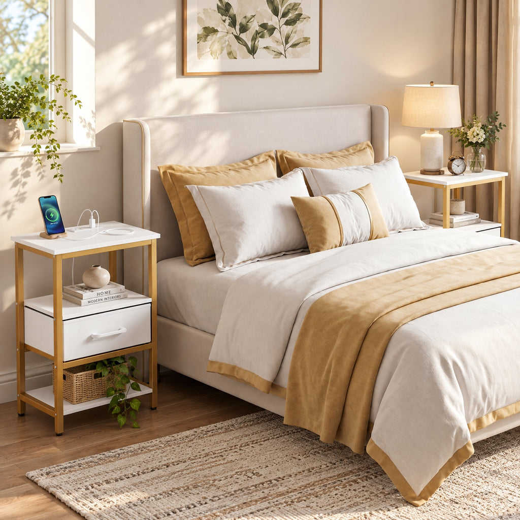 Airfind Nightstand with Charging Station and Adjustable Fabric Drawer for Bedroom and Living Room-Set of 2, 44 lbs Capacity, White and Gold