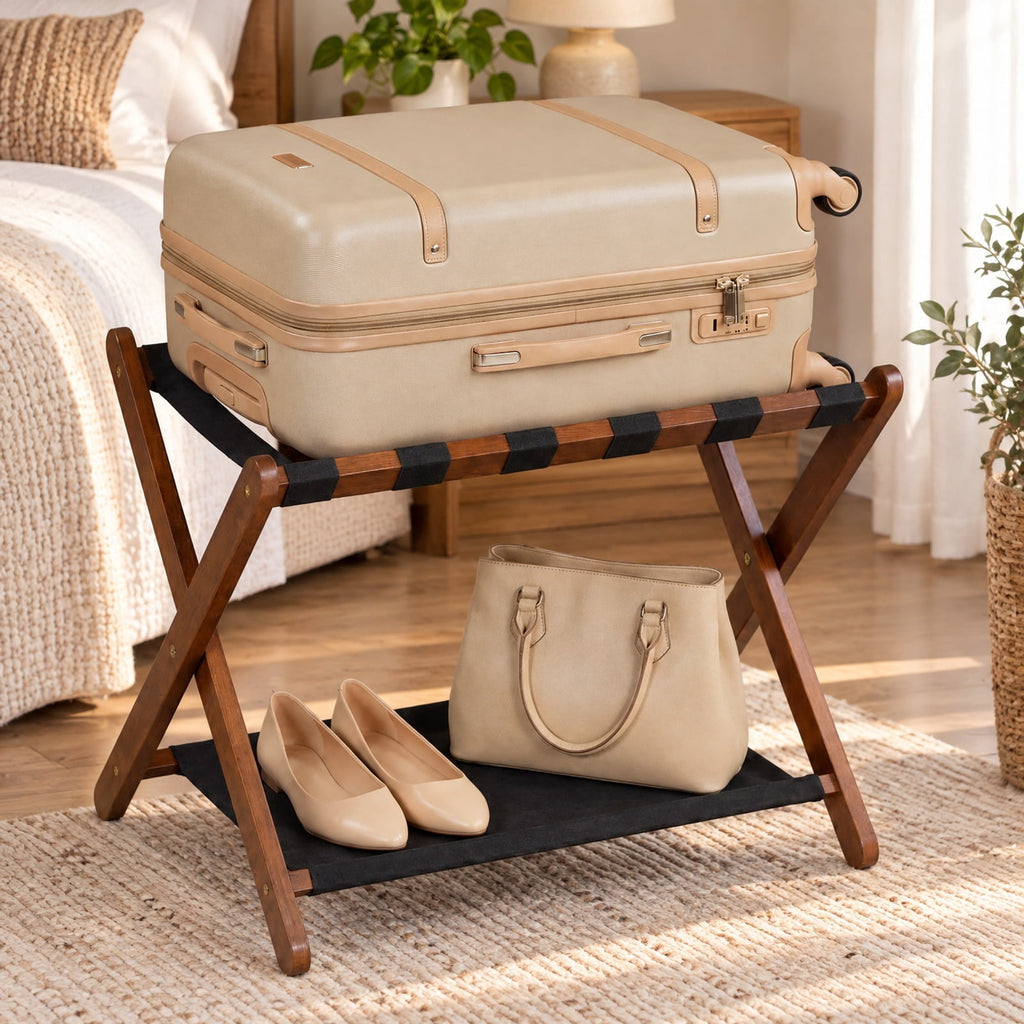 Airfind Solid Rubberwood Folding Luggage Rack with Nylon Shelves, 110 Lbs Capacity, Rubberwood Nylon, 26.5 Inch X 18 Inch X 20.5 Inch, Brown