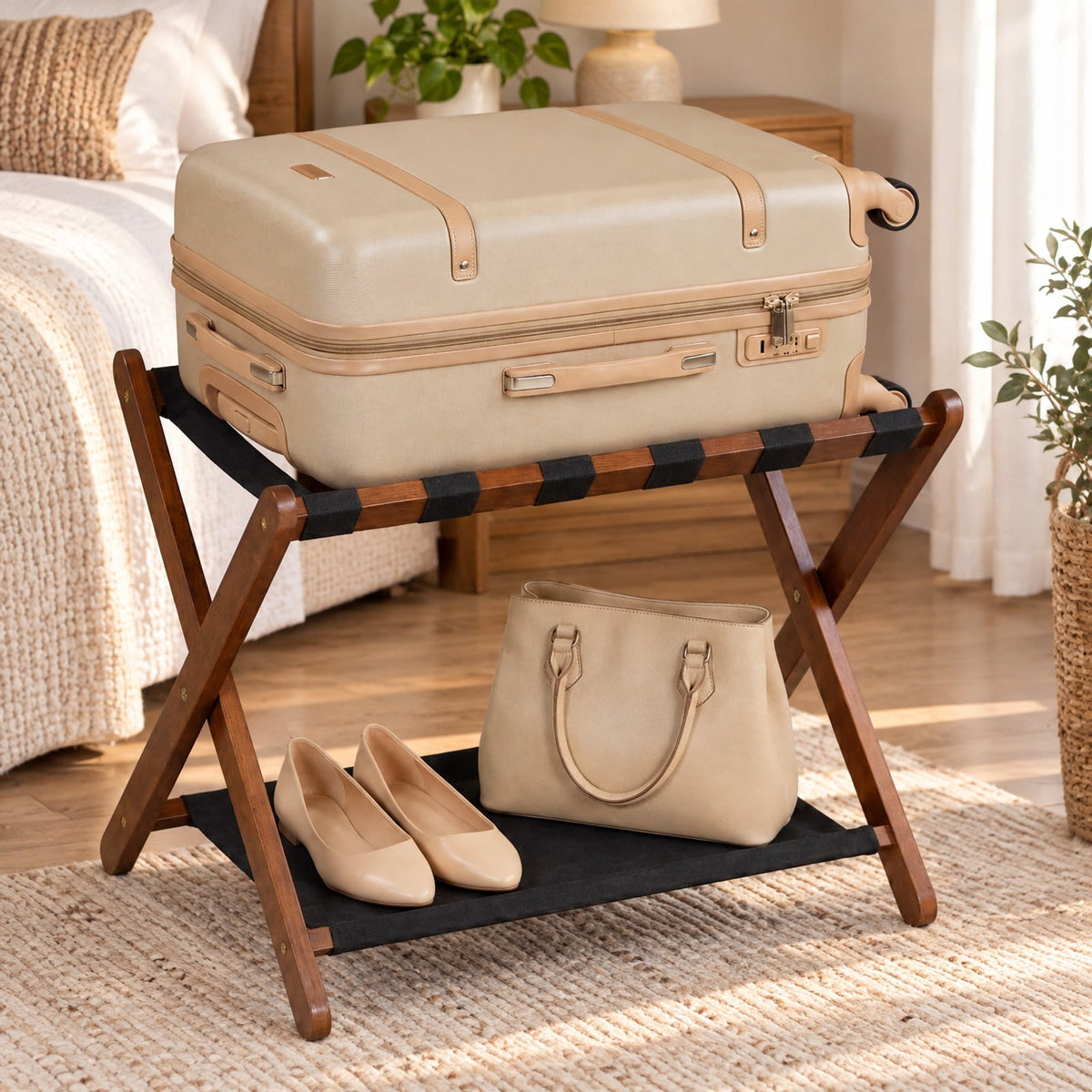 Airfind Solid Rubberwood Folding Luggage Rack with Nylon Shelves, 110 Lbs Capacity, Rubberwood Nylon, 26.5 Inch X 18 Inch X 20.5 Inch, Brown