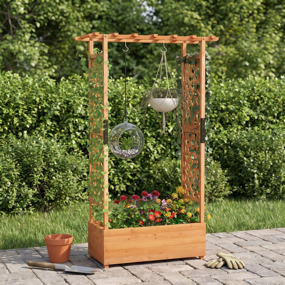 Airfind Raised Garden Bed with Arch Trellis, Fir Wood Frame, 43.5 x 17.5 x 72 (L x W x H) Interior Footprint, Orange