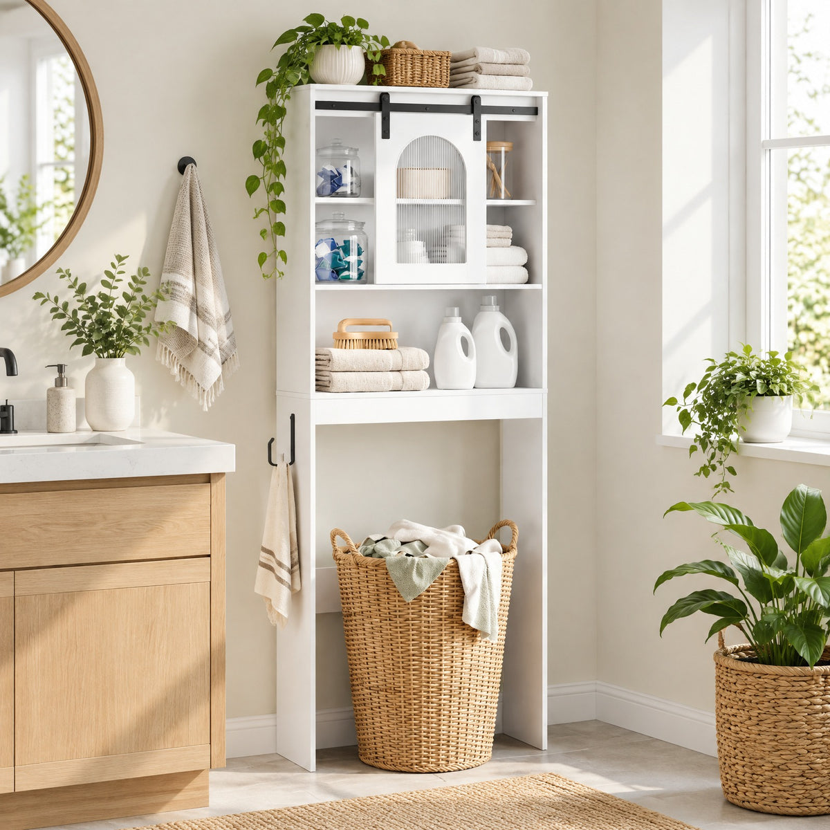Airfind Over Toilet Storage Cabinet with Sliding Barn Door and Open Shelves for Bathroom, 44 lbs Capacity, Engineered Wood Frame, White