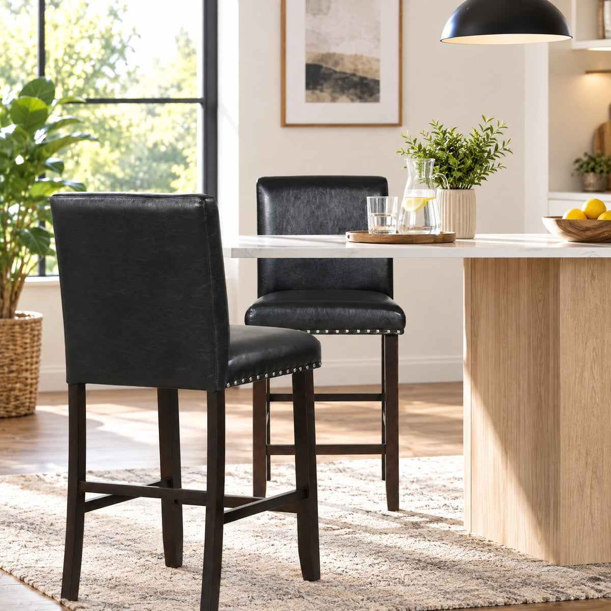 Airfind Set of 2 PVC Leather Bar Stools with Back for Kitchen Island, 245 lbs Capacity, Linen fabric(Gray)/PVC Leather(Black) LVL Frame