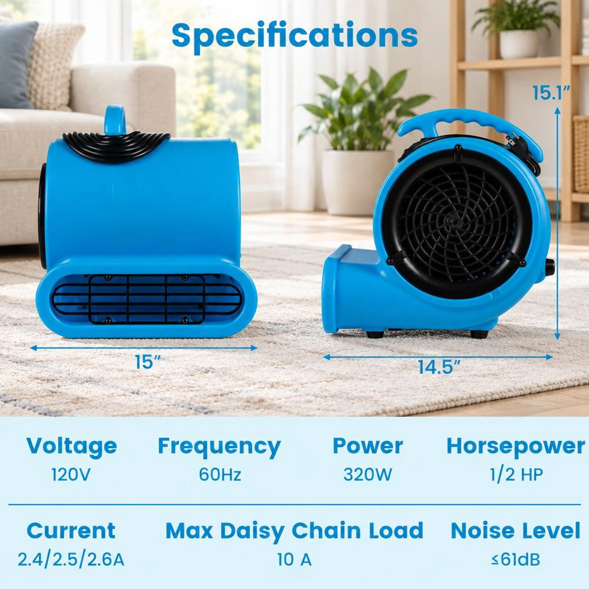 Airfind 1/2 HP Air Mover 3-Speed 2800 CFM Commercial Blower Fan, Polypropylene Frame, 14.5 Inch x 15 Inch x 15.1 Inch Length of Footprint, Blue