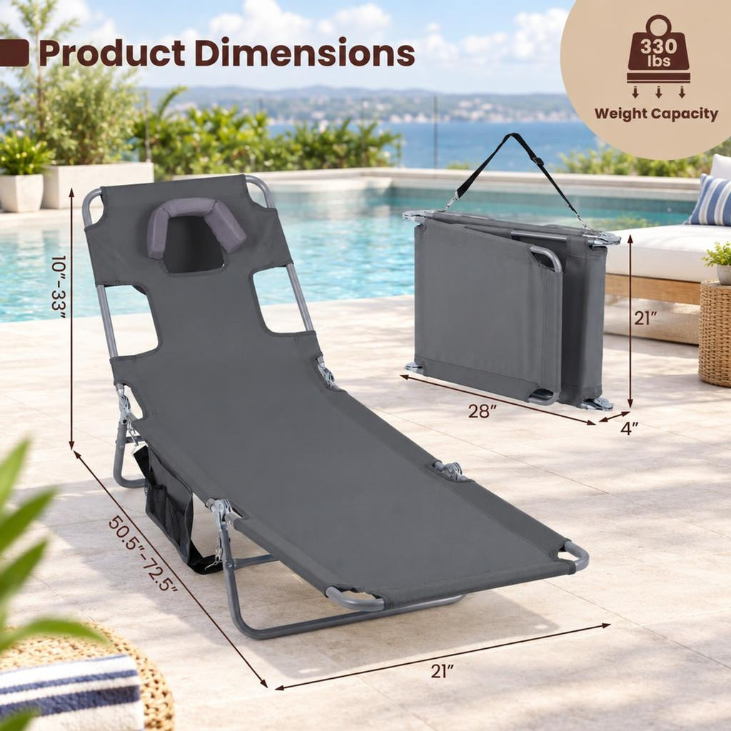 Airfind Folding Beach Lounge Chair with Adjustable Backrest for Lawn, 330 lbs Capacity, Metal Oxford Fabric Polyester Sponge Frame, Gray