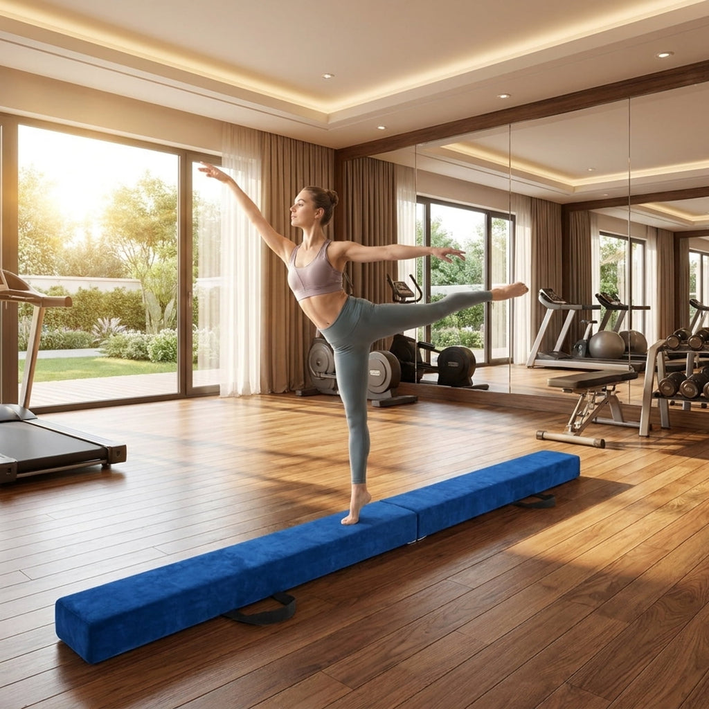 Airfind 9 ft Folding Gymnastics Balance Beam with Suede Cover, Pine Wood Core and Non-Slip Mat, Blue