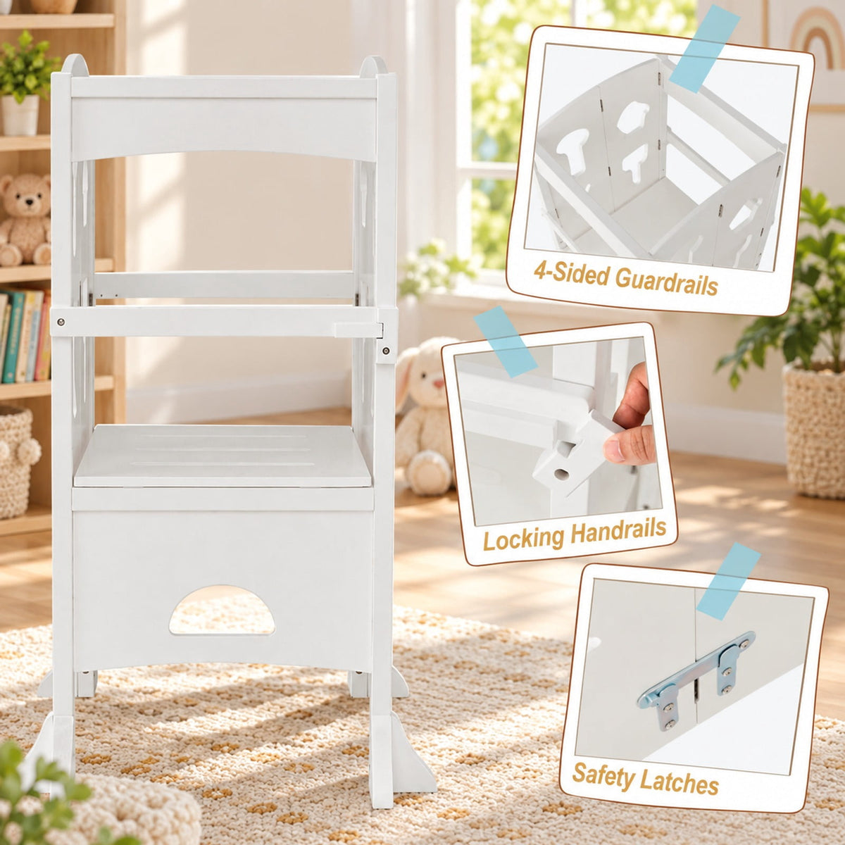 Airfind Folding Wooden Step Stool with Lockable Safety Rail for Toddler 3+, 88 lbs Capacity, Pine Wood Frame, for 3-10 Years Old, White