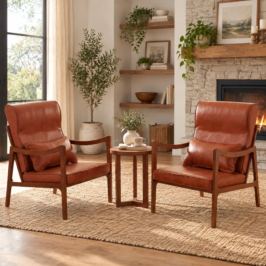 Airfind Modern Accent Chair with Solid Rubber Wood Faux Leather Upholstered Armchair, 400 lbs Capacity, 34.5 x 25.5 x 35 Footprint, Brown