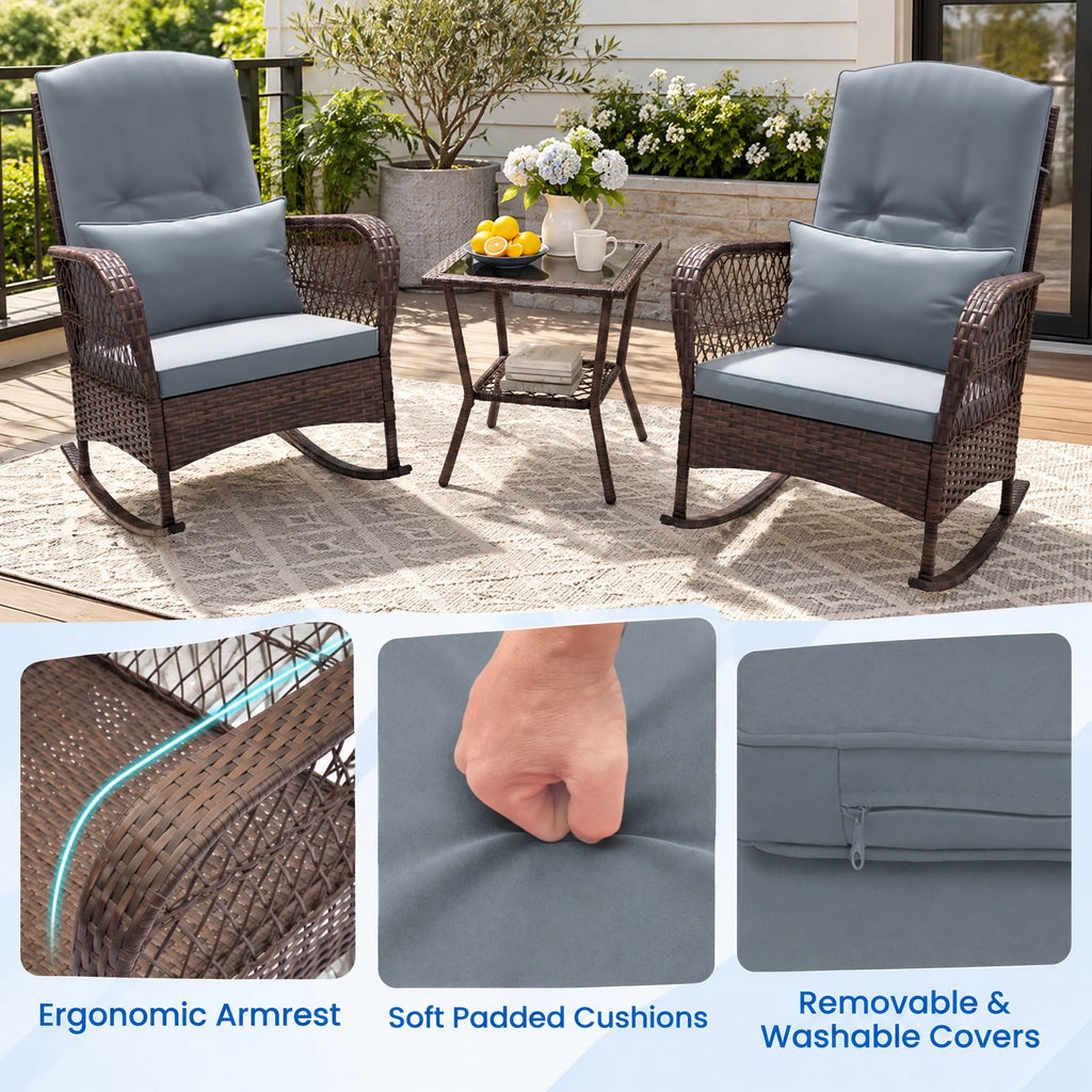 Airfind 3 Pieces Rocking Bistro Set with 2-Tier Coffee Table, PE Rattan Metal Tempered Glass Polyester Sponge Frame, 34 Inch x 26.5 Inch x 37 Inch Footprint