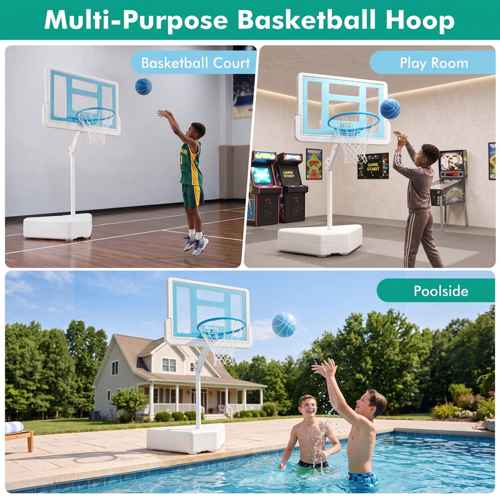 Airfind Poolside Basketball Hoop System, Adjustable Height Pool Basketball Set with 2 Water Balls and Pump, Metal PC Backboard for Swimming Pool Outdoor Family, Blue